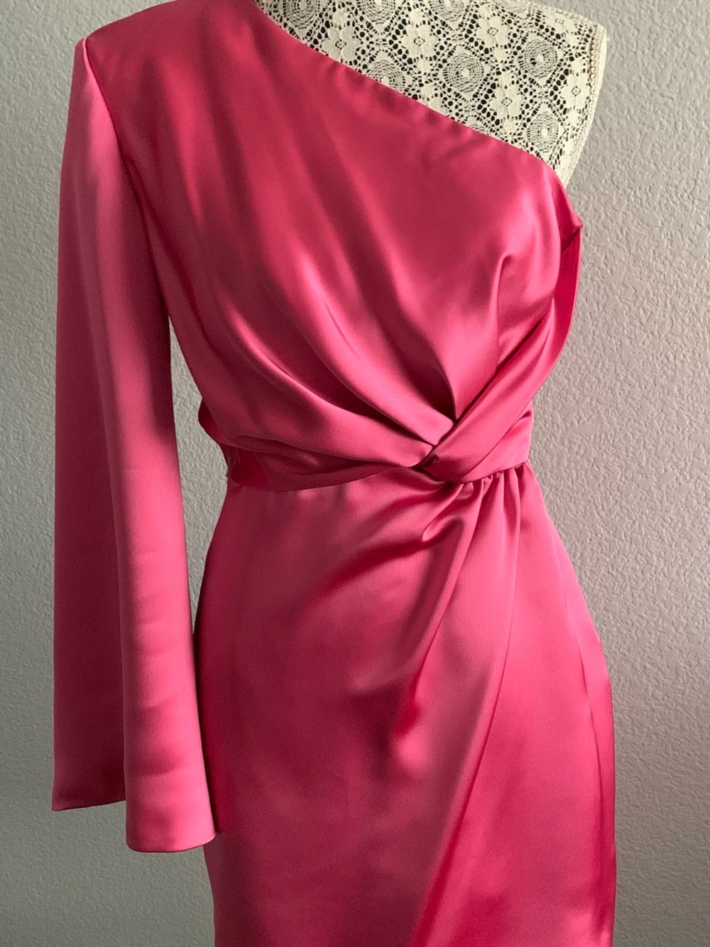 One-Shoulder Twist-Waist Satin Dress in Hot Pink